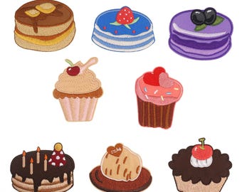 Süßer Kuchen gestickter selbstklebender Aufnäher, Dessert Applikation, Nachmittagstee, Erdbeerkuchen, Kirsch Cupcake, Schokoladenkuchen, Blaubeerkuchen