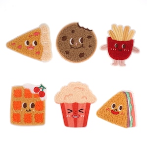 May include: Set of eight embroidered iron-on patches featuring various food items with cute faces. The patches include a pizza slice, a cookie, chips, a waffle, popcorn, and a sandwich.