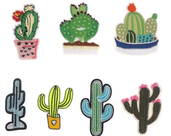 Cactus Embroidered Iron On Patch, Cactus flower potted plant Applique