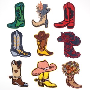 May include: Set of ten embroidered iron-on patches featuring cowboy boots and hats in various colors and designs. The patches are perfect for adding a western flair to clothing, bags, or other accessories.
