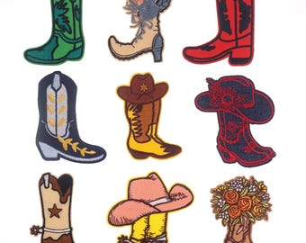 Parche termoadhesivo bordado con botas de vaquera, aplique de vaquero occidental