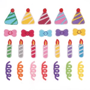 May include: A set of 24 iron-on patches featuring birthday party themes. The patches include party hats in various colors, bows, candles, and curly ribbons.