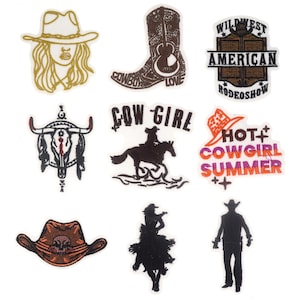 May include: Nine embroidered iron-on patches with a western theme. The patches feature a cowgirl, a cowboy boot, a skull, a horse, and the words "Wild West American Rodeoshow", "Cowgirl", and "Hot Cowgirl Summer".