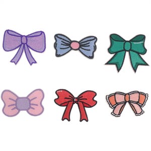 Puede incluir: Seis parches bordados para planchar en forma de lazos. Los lazos son de varios colores, incluyendo morado, azul, verde, rosa y rojo.