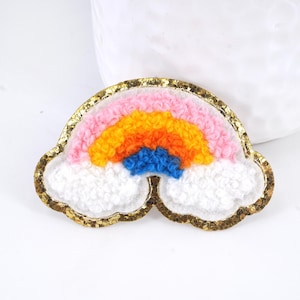 Chenille Rainbow Embroidered Iron On Patch, Gold Trim Fashion Rainbow Applique
