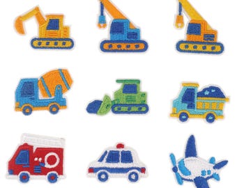 Écusson auto-adhésif brodé pour véhicule, décoration décorative pour voiture de police, excavatrice, camion de pompier, camion à benne basculante, camion de ciment, grue, bulldozer, avion