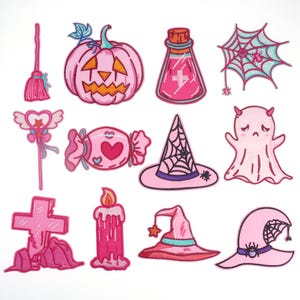 May include: Set of ten pink and black Halloween iron-on patches featuring a ghost, witch hat, spider web, candy, pumpkin, potion bottle, and more.