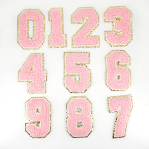 Pink Chenille Number Embroidered Iron On Patch Gold Trim Fashion Number Badge Applique