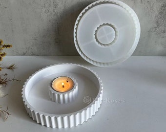 Round silicone tealight holder mold-Concrete candle vessel container mold-Vertical striped round tray mold-Candle holder plaster mold