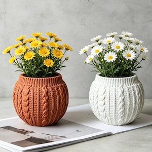 May include: Two round ceramic planters with a textured cable knit pattern. One planter is terracotta orange and holds yellow daisies, while the other is white and holds white daisies with yellow centers. Both pots have a rounded, bulbous shape.