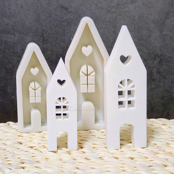 Moule en silicone pour maison de 2 tailles-Moule en béton pour maison lumineuse-Moule en plâtre d'église coeur creux-Moule de clocher en résine époxy/bougie-Décoration de la maison