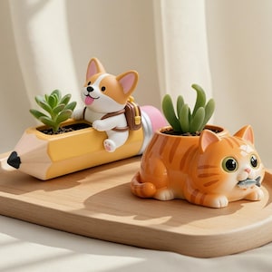 Puede incluir: Dos macetas decorativas sobre una bandeja de madera. Una tiene forma de lápiz amarillo con una figura de perro corgi, la otra es un gato atigrado naranja que sostiene un pez. Ambas macetas contienen pequeñas suculentas verdes.