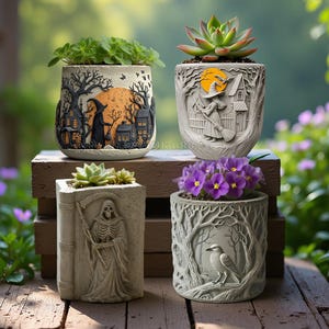 May include: Four cylindrical planters with relief carvings. Top left: a witch, house, and orange moon. Top right: a witch with a broom, house, and yellow moon. Bottom left: a skeleton with a scythe. Bottom right: a raven in a forest.