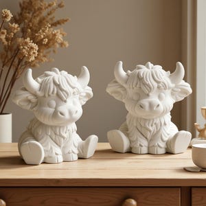 May include: Two matte white ceramic figurines shaped like Highland cattle calves. Each figure features a shaggy coat texture, curved horns, and a seated posture with front legs extended forward. The sculptures have a smooth, uniform finish.