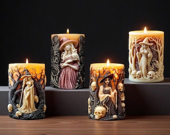 Embossed witch pillar candle mold-silicone Halloween mold-scented candle molds-witch pillar ornament plaster/concrete mold-home decoration