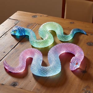 Peut inclure: Trois figurines décoratives en forme de serpent en verre, dans des tons de bleu, vert et rose. Les serpents sont posés sur une table en bois. Chacun présente un motif texturé en forme d'écailles et est enroulé. Les serpents ont de petits yeux détaillés.