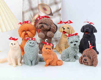 May include: A set of nine adorable animal candles, including dogs, cats, and a poodle. Each candle features a red bow and is made of a soft, realistic material.