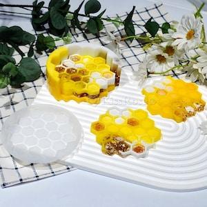 Honeycomb coaster mold Honeycomb bee coaster tray silicone mold Honeycomb cup mat mold for resin Plaster concrete beehive coaster set mold