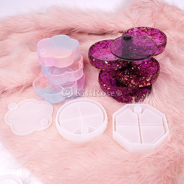 Multi-layer rotating storage box silicone mold-Three styles jewelry box resin molds-Plum/hexagon/diamond faceted round silicon box mold