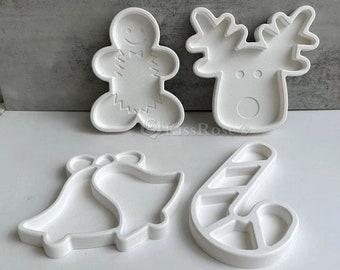 Christmas Decoration Silicone Tray Molds-Elk Tray Concrete Mold-Gingerbread Man Candy Plate Mold-Resin Bell Jewelry Storage Tray Mould