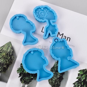 Fashion Afro-hair Silicone Keychain Mold-Black afro pendant resin molds with hole-Side face silhouette keychain silicone mold for resin