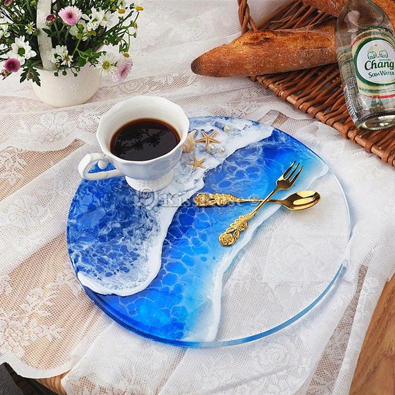 Handmade Food Safe Epoxy Resin Saucer/ Tea Tray/small Bowl/plate of Blue  and Green Colors 