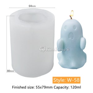 May include: A white silicone mold for making a ghost-shaped candle. The mold is 6.4 cm in diameter and 8 cm tall. The finished candle will be 5.5 cm wide and 7.9 cm tall and have a capacity of 120 ml. The mold is shown next to a blue ghost-shaped candle with a lit wick.