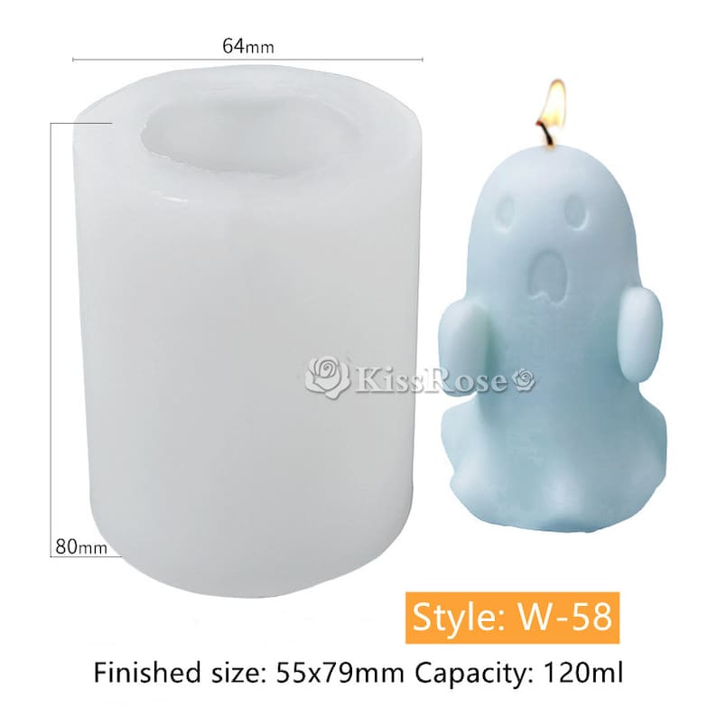 May include: A white silicone mold for making a ghost-shaped candle. The mold is 6.4 cm in diameter and 8 cm tall. The finished candle will be 5.5 cm wide and 7.9 cm tall and have a capacity of 120 ml. The mold is shown next to a blue ghost-shaped candle with a lit wick.