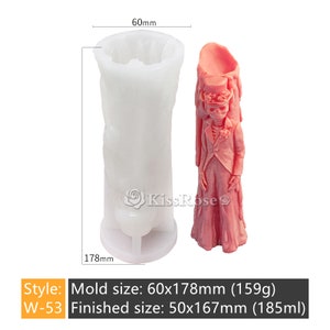 May include: A white silicone mold for making a candle shaped like a skeleton wearing a suit and top hat. The mold is 6 inches in diameter and 7 inches tall. The finished candle is 2 inches in diameter and 6.6 inches tall.