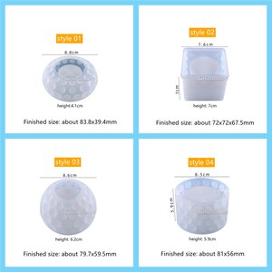 May include: Four different styles of clear silicone cake molds. The molds are all round or square and have a dotted texture. The molds are labeled with the text "style 01", "style 02", "style 03", and "style 04". Each mold has measurements in centimeters.
