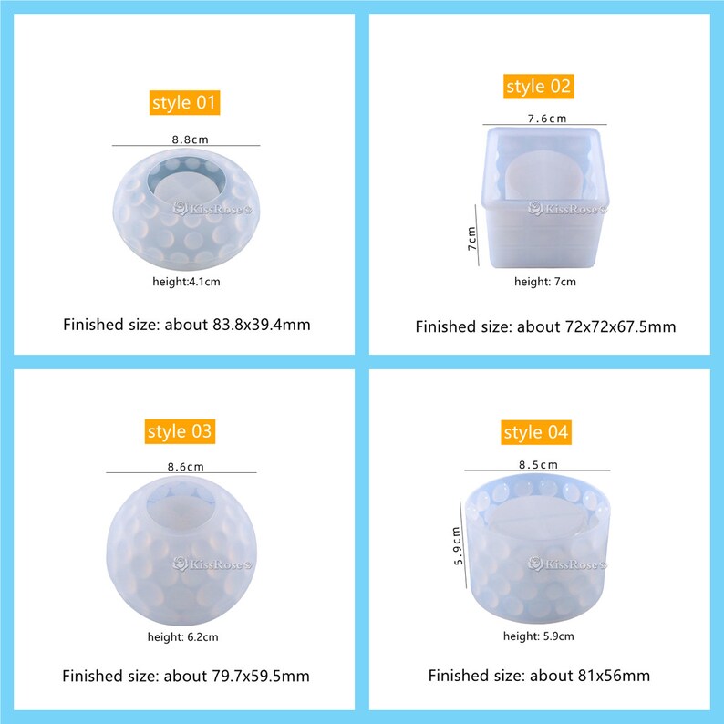 May include: Four different styles of clear silicone cake molds. The molds are all round or square and have a dotted texture. The molds are labeled with the text "style 01", "style 02", "style 03", and "style 04". Each mold has measurements in centimeters.