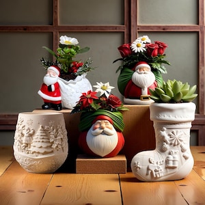 May include: A collection of Christmas-themed planters, including Santa Claus figures and a stocking-shaped pot. The planters are filled with flowers and succulents, creating a festive display. The color palette includes red, white, green, and brown.