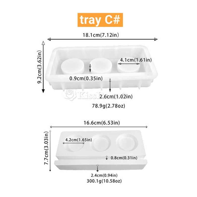 May include: A white silicone tray with two round molds, labeled "tray C#" with measurements in inches and centimeters. The tray is 7.12 inches (18.1 cm) wide, 3.62 inches (9.2 cm) tall, and 1.02 inches (2.6 cm) deep. The molds are 1.61 inches (4.1 cm) wide and 0.35 inches (0.9 cm) deep.