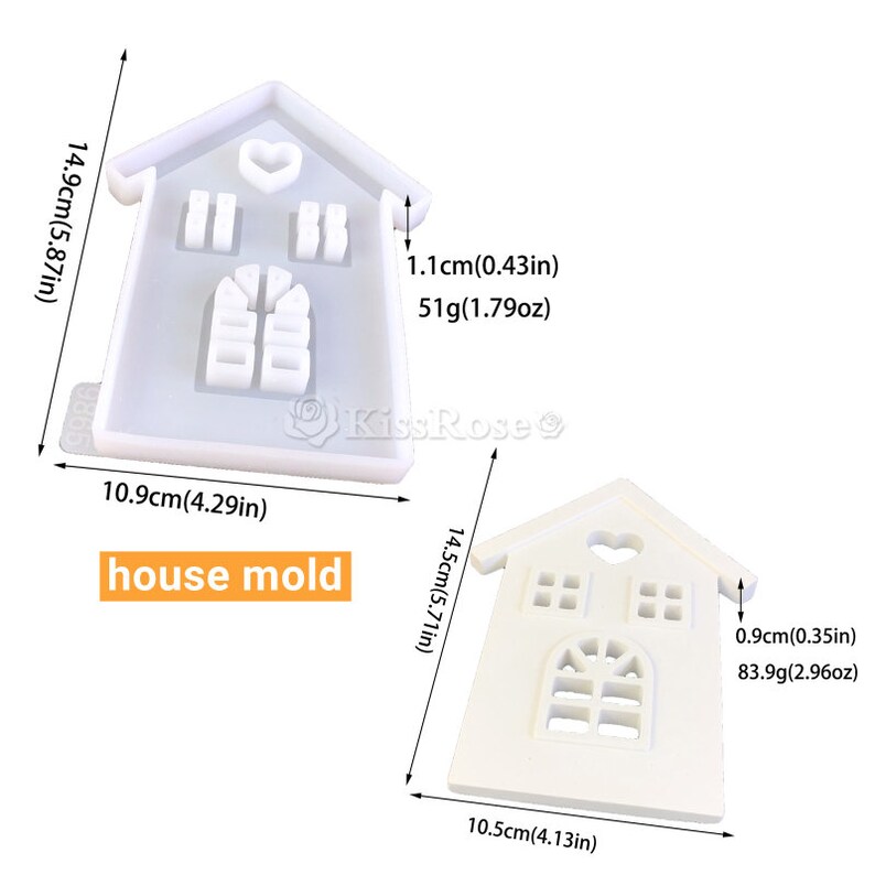 May include: Two white silicone house-shaped molds. The mold on the left is 5.87 inches tall and 4.29 inches wide. The mold on the right is 5.71 inches tall and 4.13 inches wide. Both molds have a heart-shaped cutout at the top and windows and a door cutout.