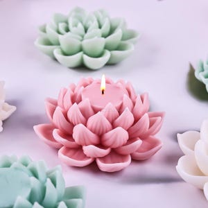 Könnte beinhalten: Eine rosa Lotusblütenkerze mit einer kleinen weißen Kerze in der Mitte. Die Kerze ist umgeben von anderen Kerzen in Form von grünen Sukkulenten.