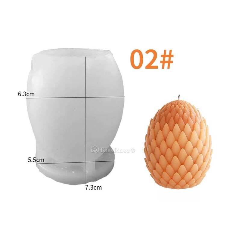 May include: A silicone mold for making a pineapple-shaped candle. The mold is 6.3 cm tall, 5.5 cm wide, and 7.3 cm in diameter. The mold is shown next to a finished pineapple-shaped candle.