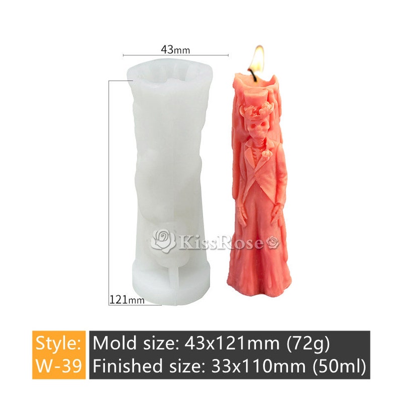 May include: A white silicone mold for making a candle shaped like a skeleton wearing a top hat and a long dress. The mold is 43 mm wide and 121 mm tall. The finished candle is 33 mm wide and 110 mm tall.  Style: W-39