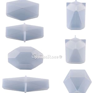 May include: Set of six clear silicone molds shaped like geometric diamonds. The molds are designed for making candles, soap, or resin crafts.