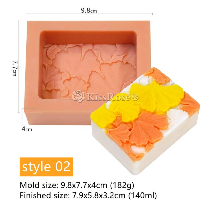 May include: A silicone mold for making soap bars with a ginkgo leaf design. The mold is pink and measures 9.8 by 7.7 by 4 centimeters. The finished soap bar measures 7.9 by 5.8 by 3.2 centimeters.
