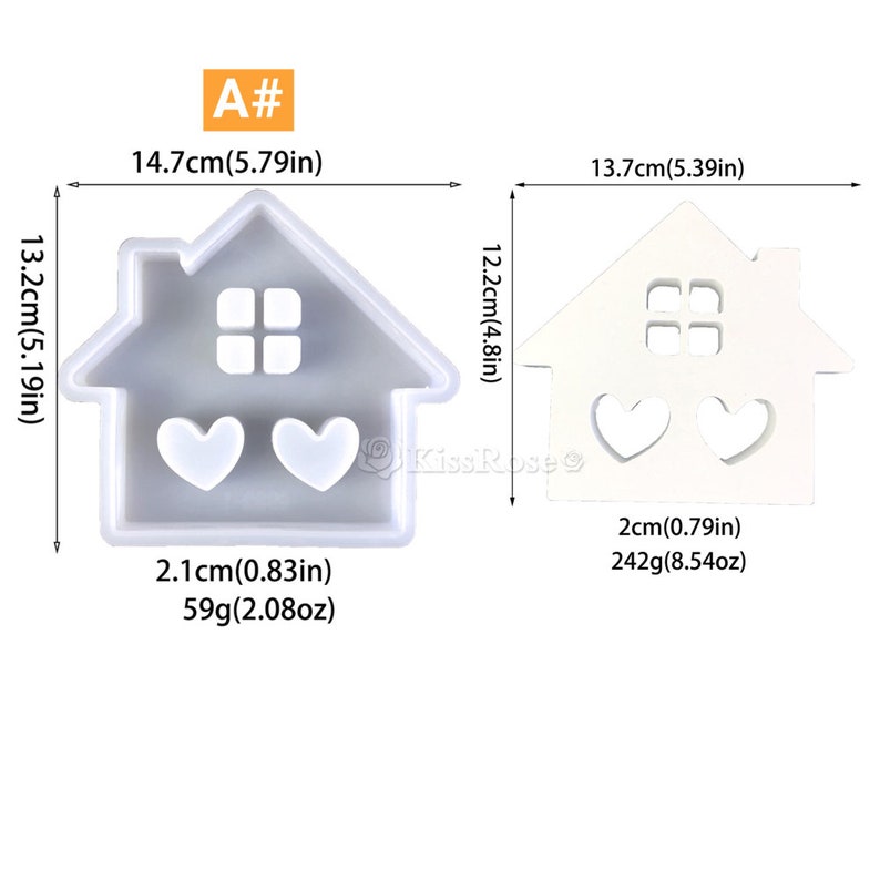 Pu&ograve; includere: Uno stampo in silicone bianco a forma di casa con due ritagli a forma di cuore. Lo stampo &egrave; largo 14,7 cm e alto 13,2 cm. Lo stampo pesa 59 grammi.