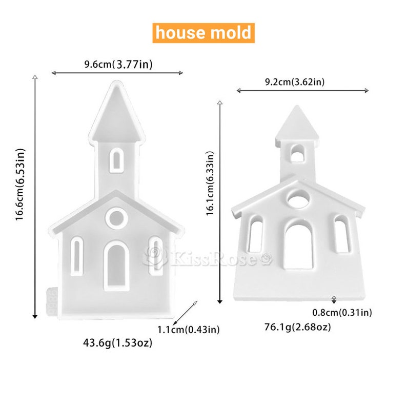 May include: Two white plastic molds shaped like houses with a steeple. The molds are 9.6 inches wide and 6.5 inches tall. The smaller mold is 9.2 inches wide and 6.3 inches tall. The molds are for making cake or fondant decorations.