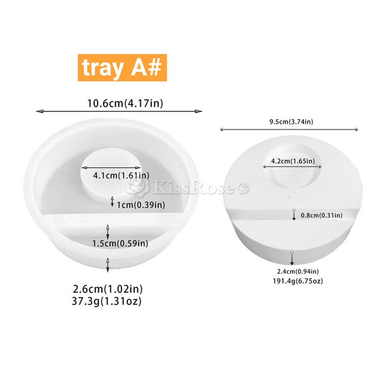 May include: Two white silicone molds for making soap or resin crafts. The mold on the left is 4.1 inches in diameter and 1.5 inches deep. The mold on the right is 3.74 inches in diameter and 0.8 inches deep. Both molds have a small rectangular cutout on the side.