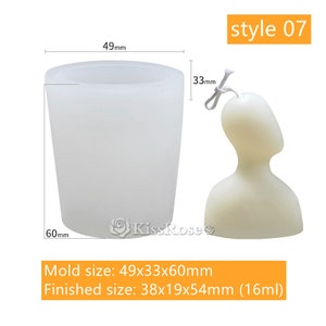 Pu&ograve; includere: Stampo in silicone bianco per realizzare una candela a forma di persona. Lo stampo &egrave; largo 49 mm, profondo 33 mm e alto 60 mm. La candela finita sar&agrave; larga 38 mm, profonda 19 mm e alta 54 mm, con un volume di 16 ml.