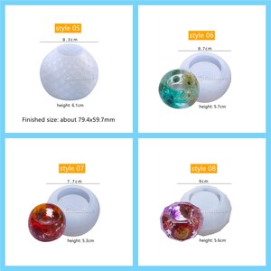 May include: Four silicone molds for making resin crafts. The molds are different shapes, including a sphere, a round bowl, and a faceted sphere. The molds are white and have a smooth surface. The finished size of the sphere mold is 79.4mm x 59.7mm.