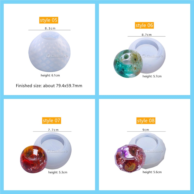 May include: Four silicone molds for making resin crafts. The molds are different shapes, including a sphere, a round bowl, and a faceted sphere. The molds are white and have a smooth surface. The finished size of the sphere mold is 79.4mm x 59.7mm.