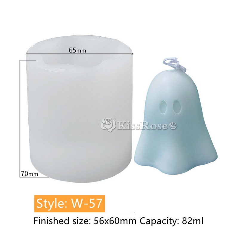 May include: A white silicone mold for making a ghost-shaped candle. The mold is 7 cm tall and 6.5 cm wide. The finished candle will be 5.6 cm wide and 6 cm tall and have a capacity of 82 ml. The mold is labeled "Style: W-57".