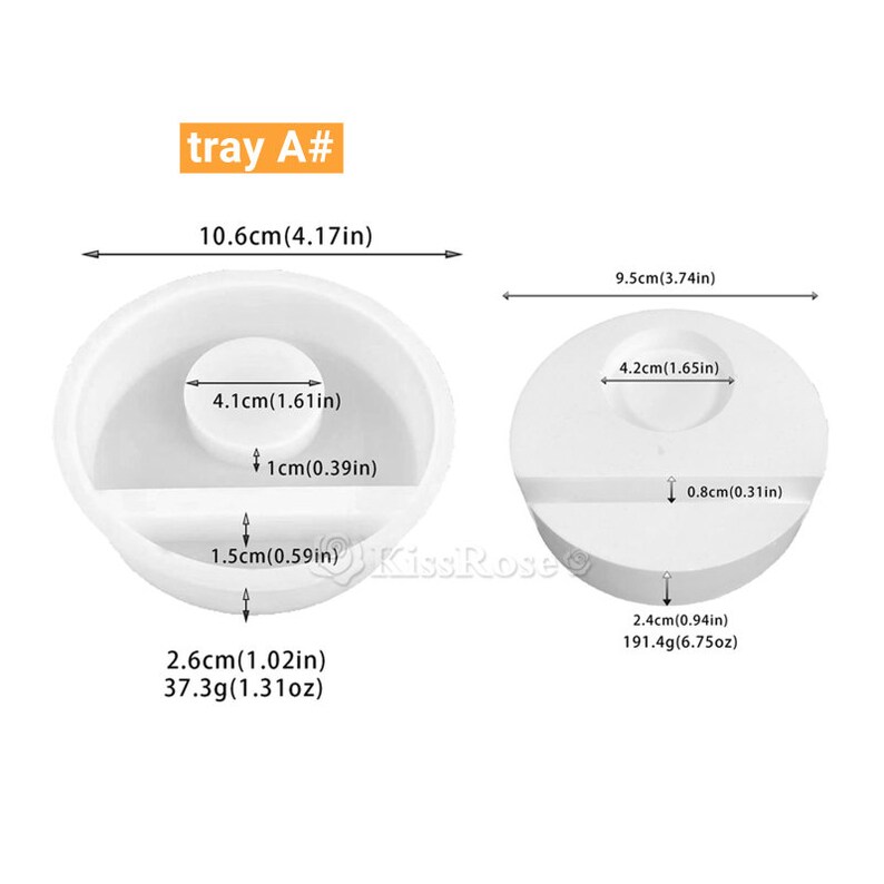 May include: Two white silicone molds for making resin crafts. The larger mold is 9.5 inches in diameter and has a 4.2 inch diameter circle in the center. The smaller mold is 10.6 inches in diameter and has a 4.1 inch diameter circle in the center. Both molds have a small rectangular section on the side.
