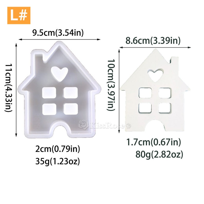 May include: Two silicone molds for making house-shaped crafts. The larger mold is 9.5 inches wide, 4.33 inches tall, and 3.97 inches deep. The smaller mold is 8.6 inches wide, 3.97 inches tall, and 0.67 inches deep.