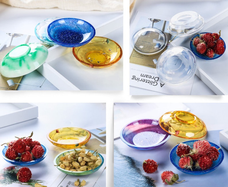 Op de afbeelding: Vier verschillende harsvormen om kleine, decoratieve schalen te maken. De vormen zijn helder en hebben verschillende vormen en maten. De vormen worden getoond met afgewerkte harskommen gevuld met gedroogde bloemen, bessen en andere decoratieve elementen.