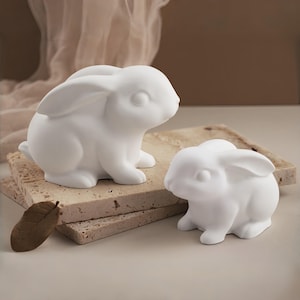 Könnte beinhalten: Zwei weiße Keramik-Hasenfiguren. Eine ist größer und im Hintergrund positioniert, während eine kleinere im Vordergrund steht. Beide sitzen auf einem strukturierten, rechteckigen Stein. Ein getrocknetes Blatt liegt daneben.